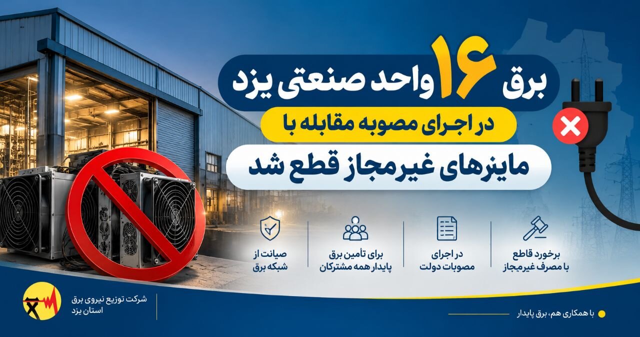برق ۱۶ واحد صنعتی یزد به دلیل کشف فعالیت ماینرهای غیرمجاز قطع شد